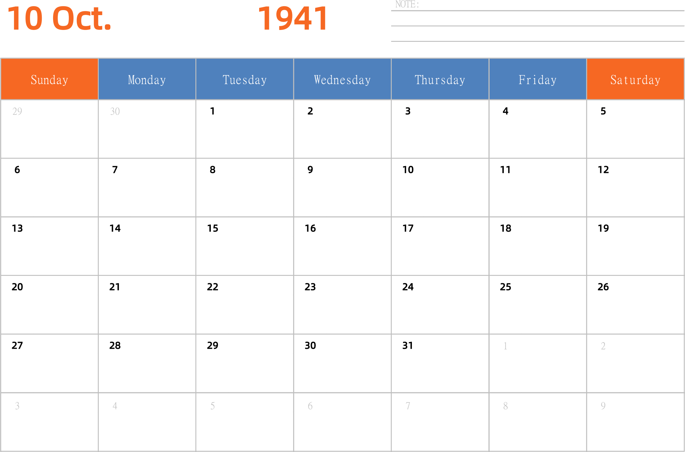 日历表1941年日历 英文版 横向排版 周日开始